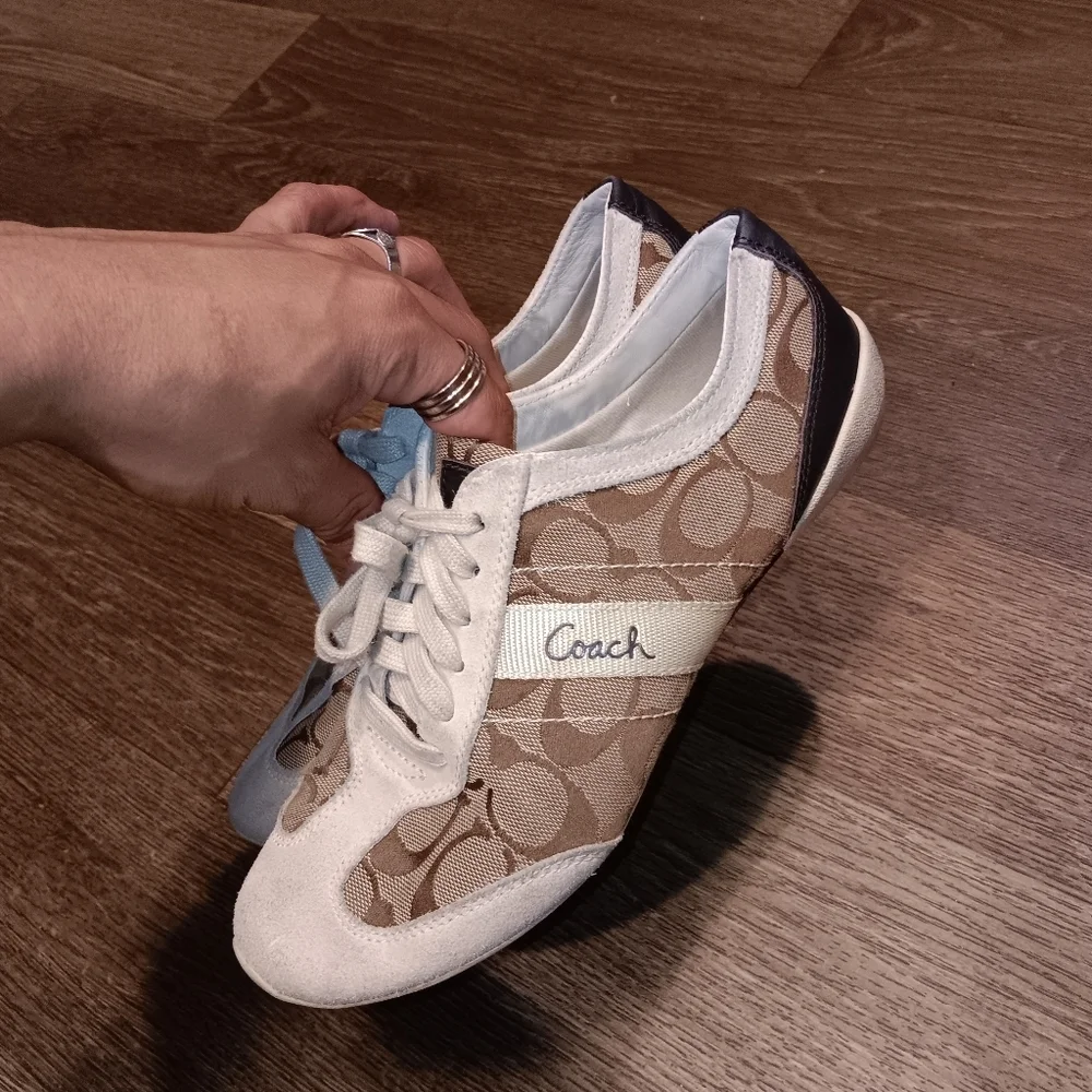 Coach Beige Signature Canvas Sneakers with White Suede Trim Sz 8m